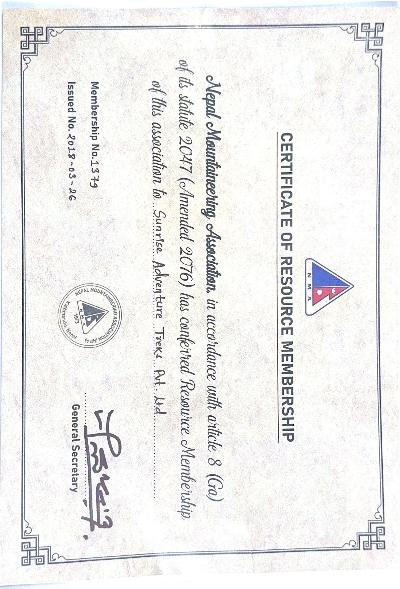 License of Nepal Mountaineering Association - Preview
